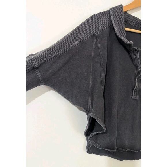 Daily Practice by Anthropologie Long-Sleeve Henley Top Large Gray Crop Waffle Z - Picture 3 of 4